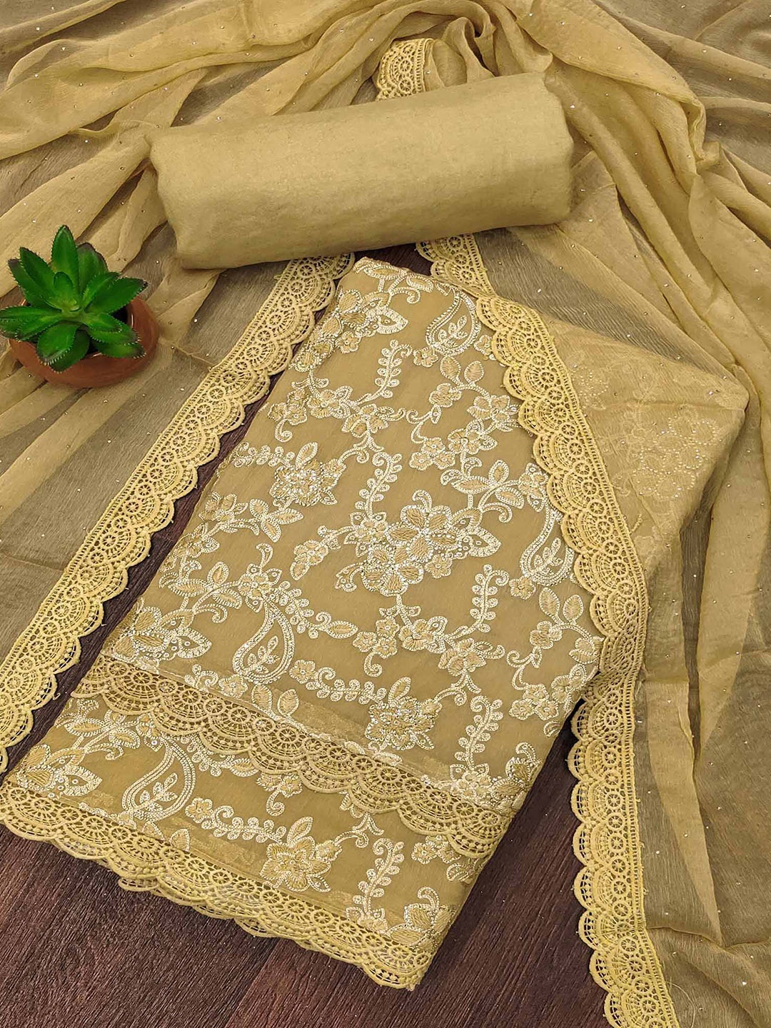 

Peachmode Floral Embroidered Silk Chiffon Unstitched Dress Material, Beige