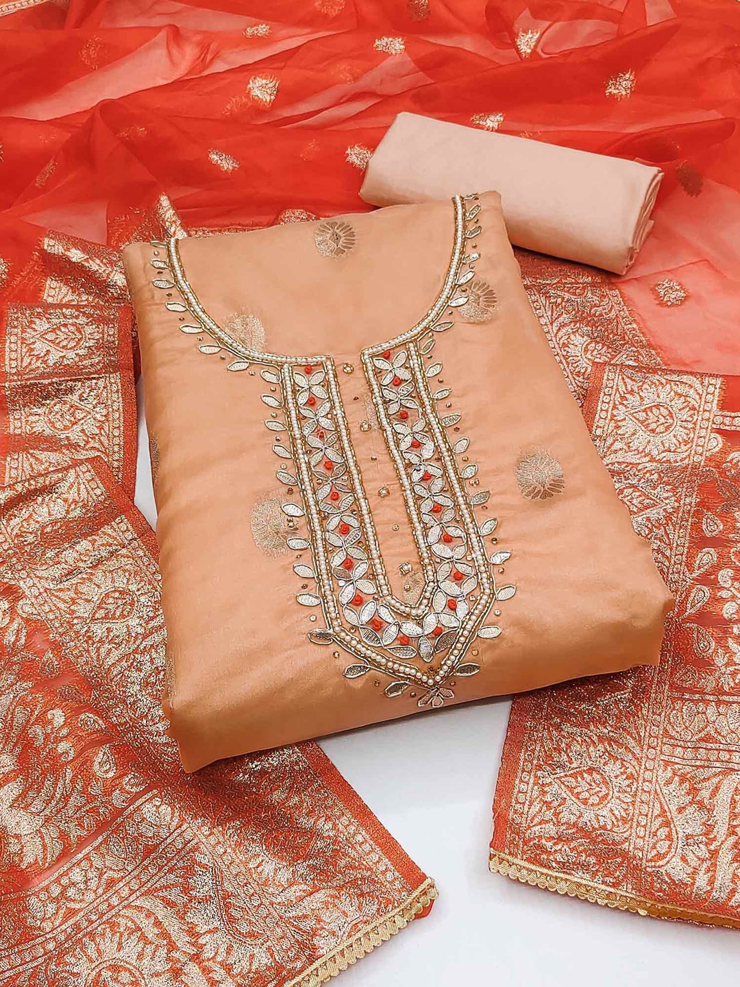 

Peachmode Floral Woven Design Beads and Stones Organza Unstitched Dress Material, Peach