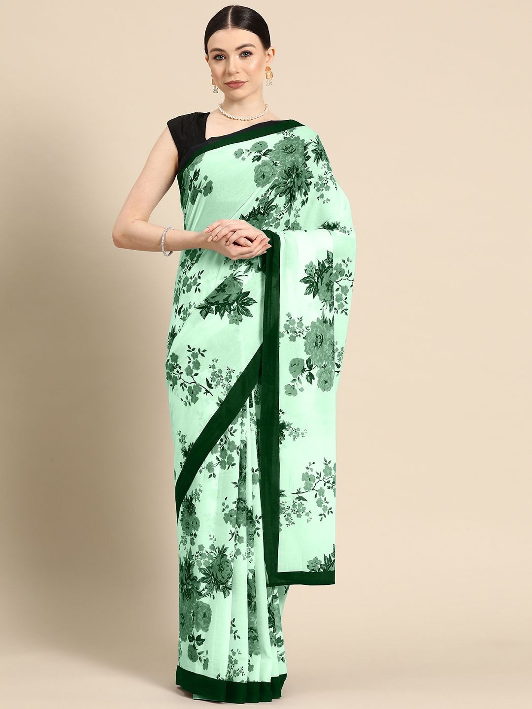 

BUTA BUTI Floral Printed Pure Cotton Saree, Green