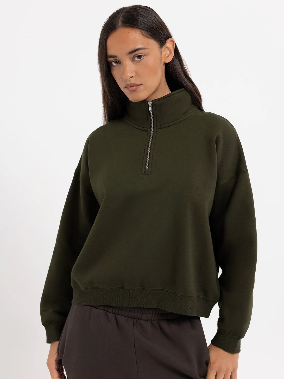 

MISCHIEF MONKEY Women Solid High Neck Pullover Sweatshirt, Olive