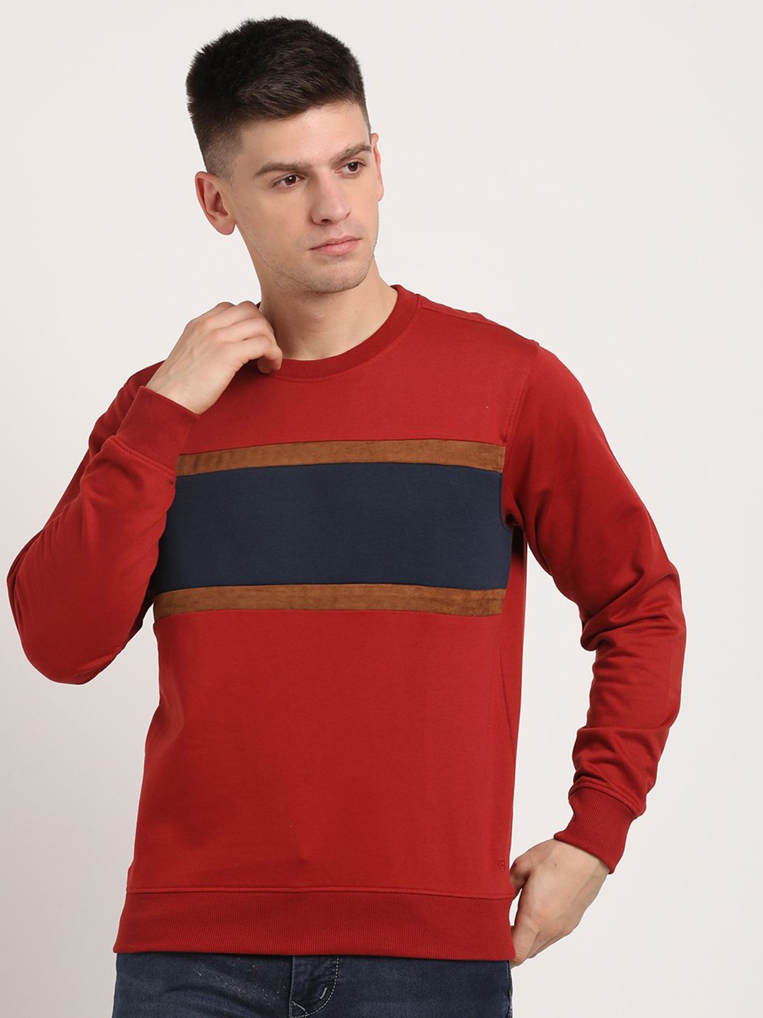 

Turtle Men Colourblocked Round Neck Cotton Pullover Sweatshirt, Red