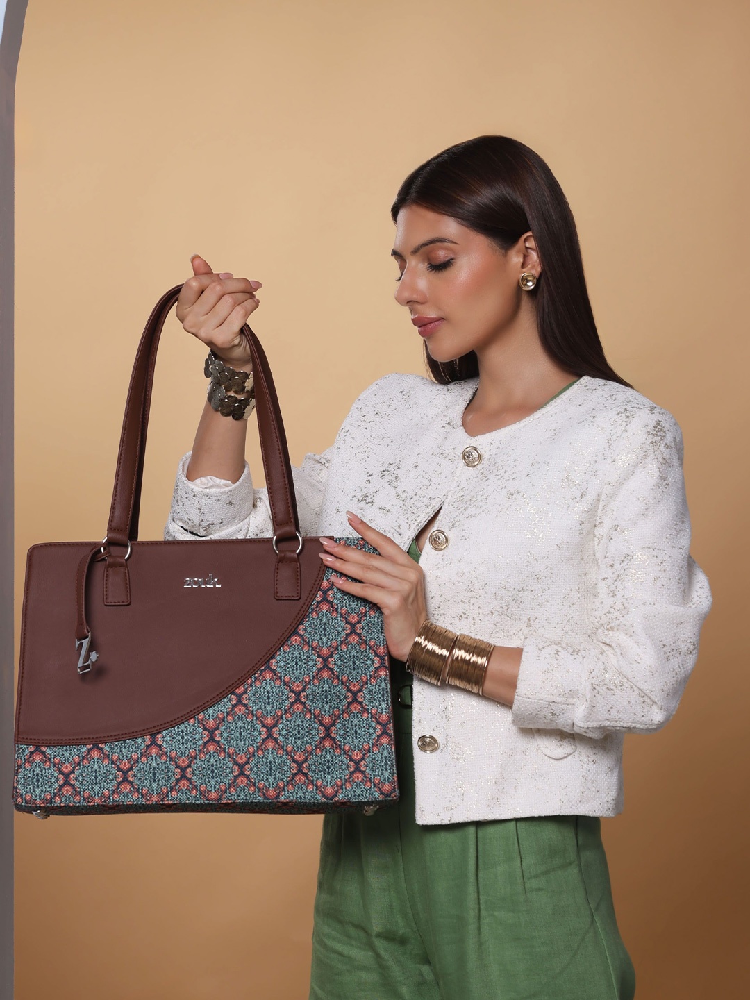 

ZOUK Women Ethnic Motifs Printed Structured Tote Bag, Green
