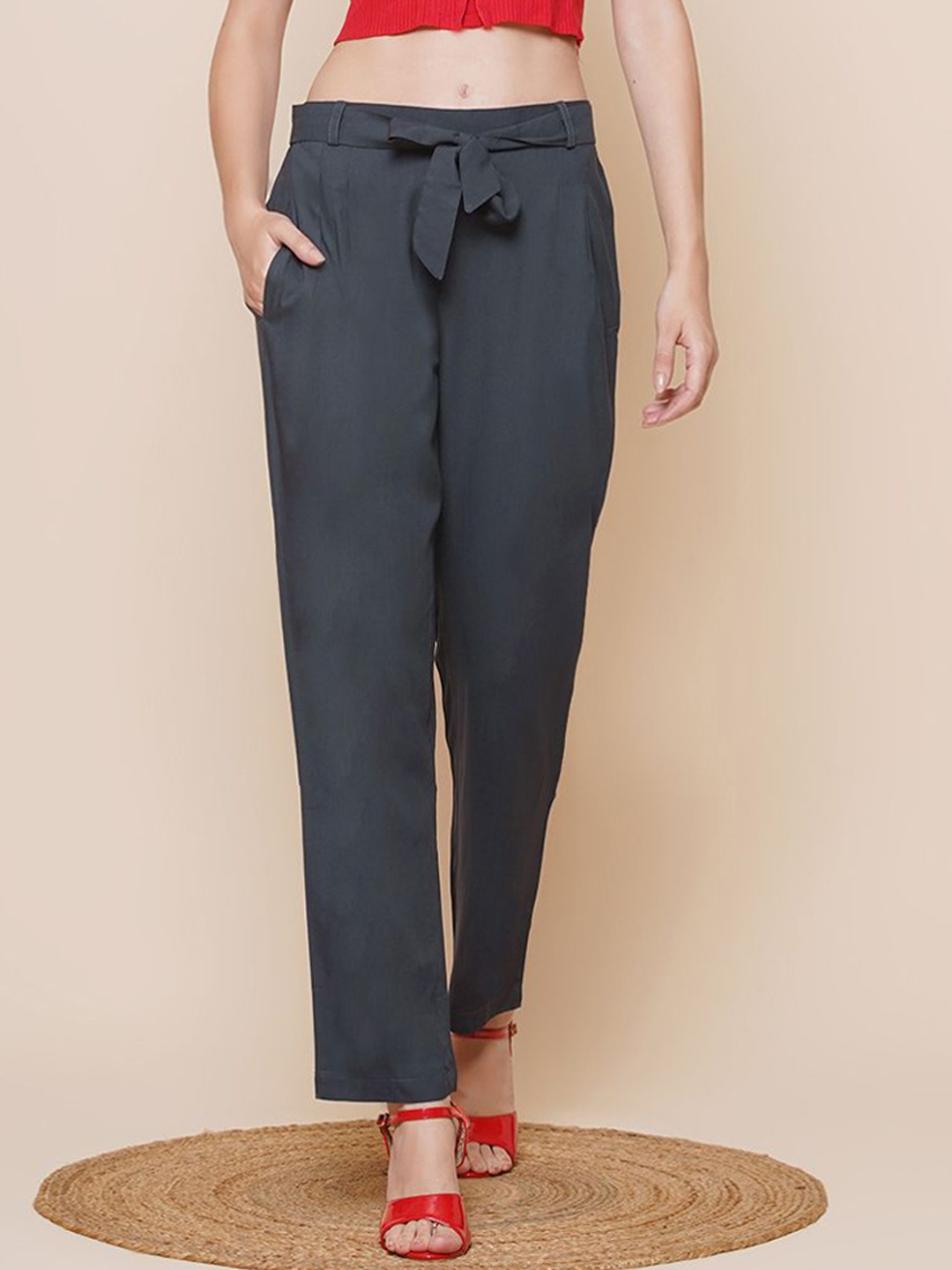 

KATLINE Women Relaxed High-Rise Trousers, Grey