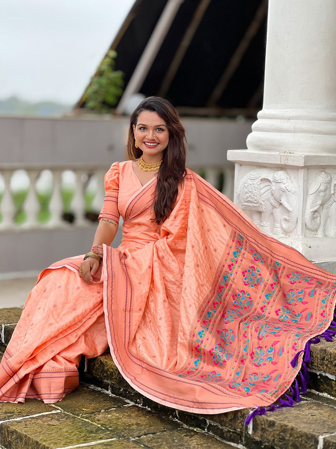 

Ishin Woven Design Zari Paithani Saree, Peach