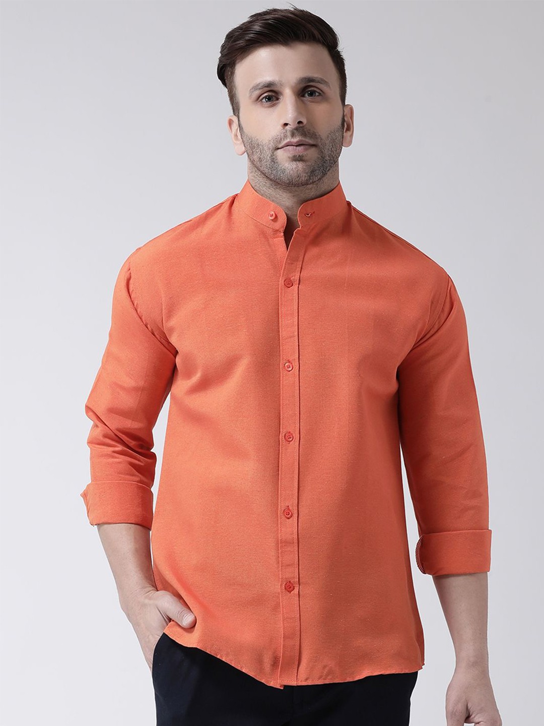 

KLOSET BY RIAG Men Classic Band Collar Solid Cotton Casual Shirt, Orange