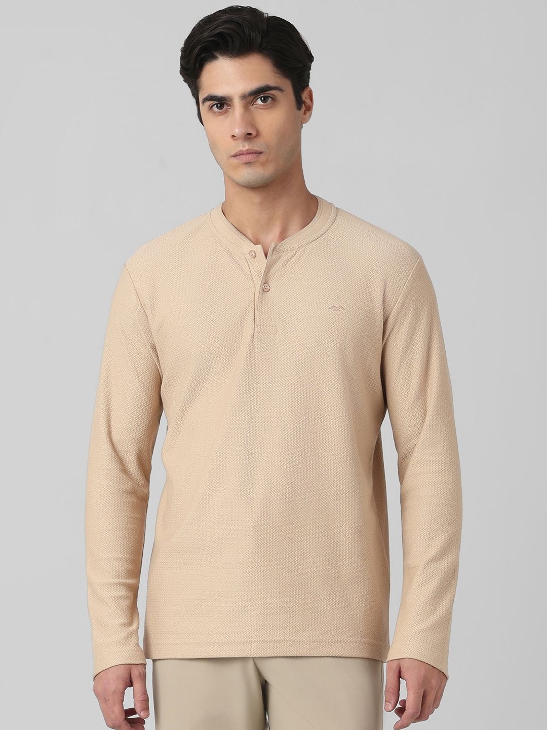 

Mufti Men Self Design Henley Neck Cotton Slim Fit T-shirt, Beige