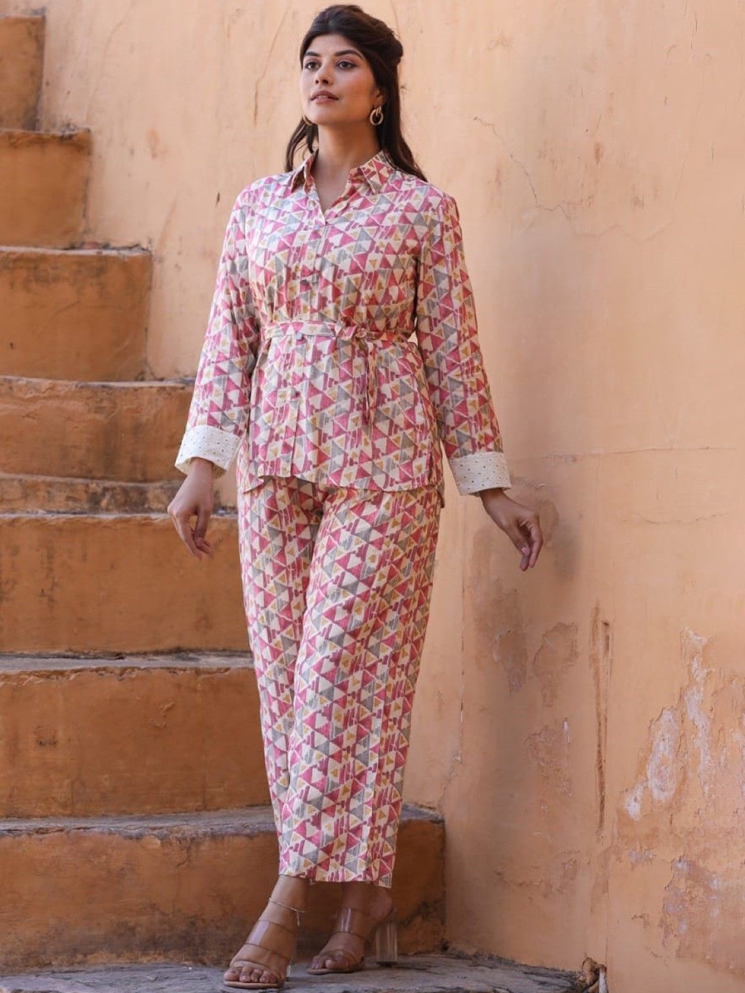 

AUTUMN LANE Pure Cotton Shirt With Trousers, Pink