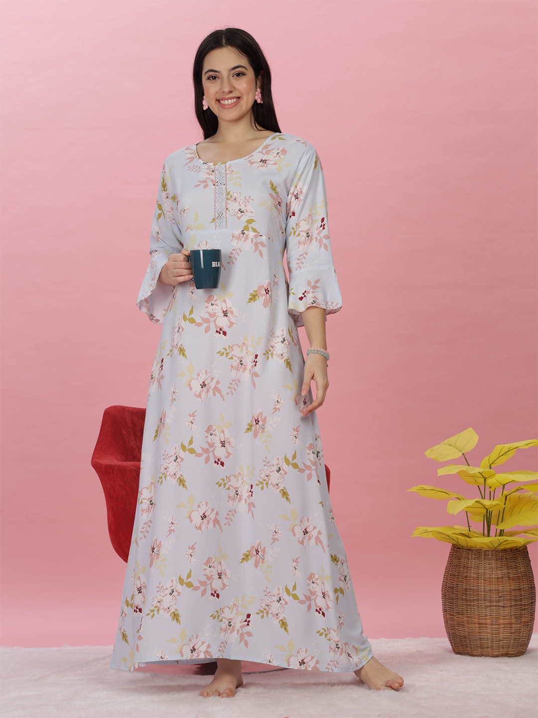 

9shines Label Women Floral Printed Maxi Everyday Nightdress, Blue