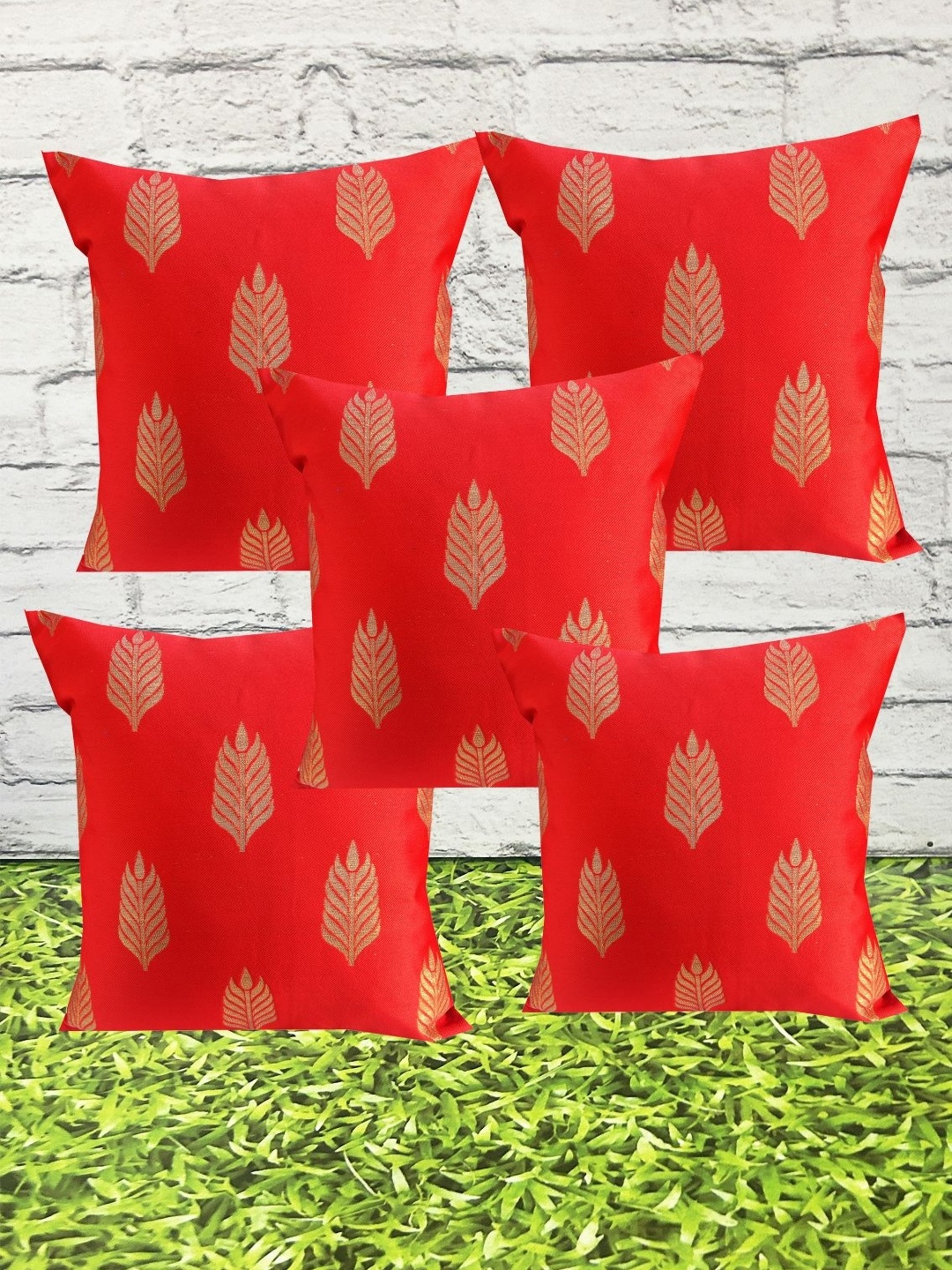 

Pink Parrot Red & Gold-Toned Set of 5 Ethnic Motifs Square Cushion Covers