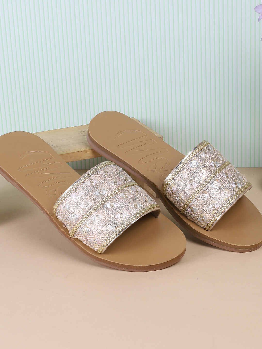 

Mochi Women Ethnic - Embellished Open Toe Flats, Gold
