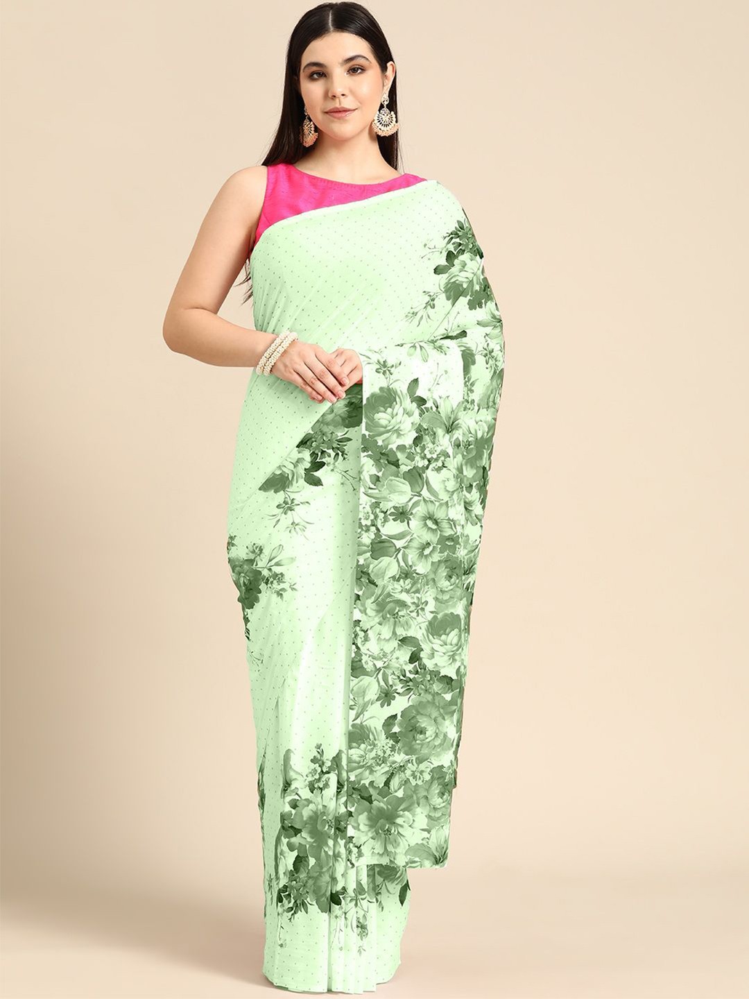 

BUTA BUTI Floral Pure Cotton Saree, Lime green