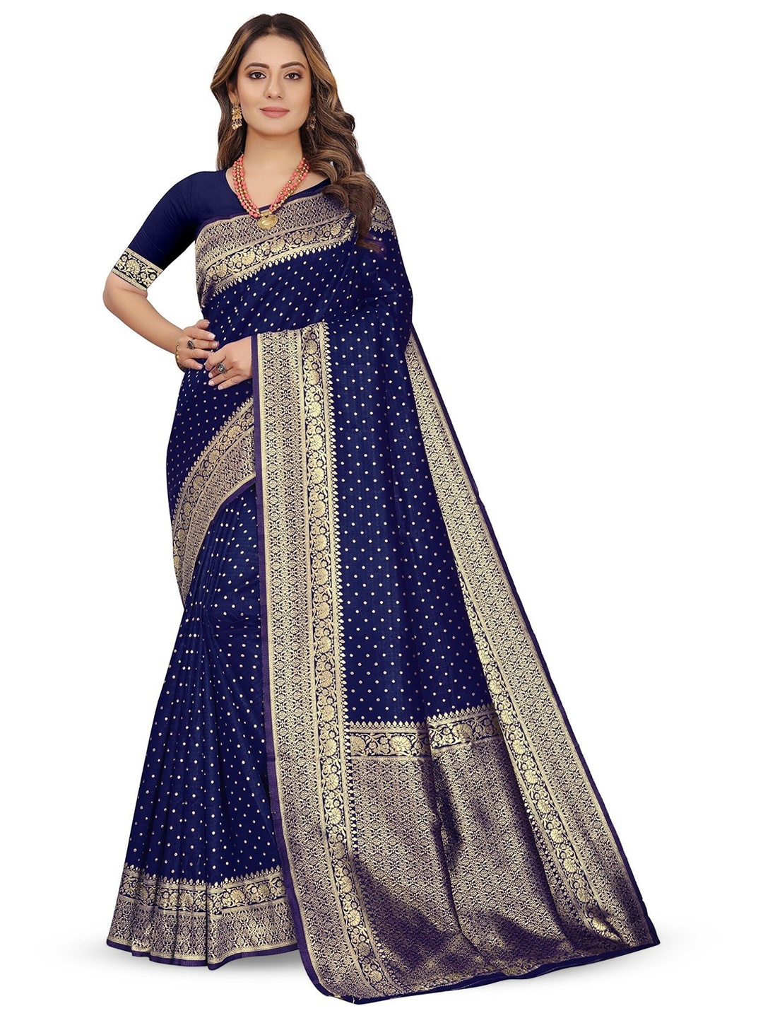 

QENY Woven Design Zari Art Silk Banarasi Saree, Navy blue