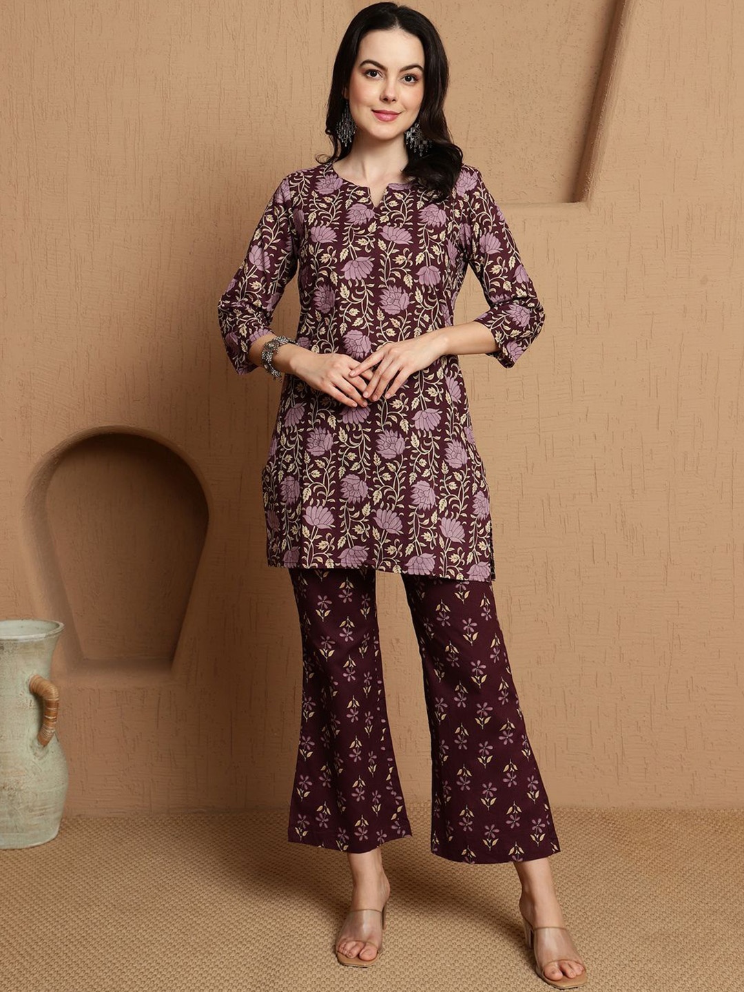 

Sangria Purple Floral Printed Pure Cotton Tunic With Trousers