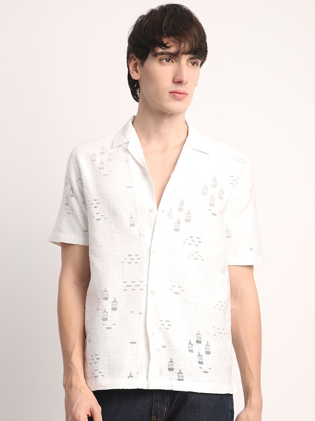 

Voroxy Men Straight Cuban Collar Textured Polycotton Casual Shirt, White