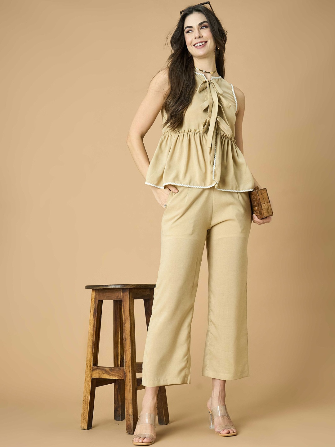 

Murcia Tie Up Neck Sleeveless Lace Detail Pure Cotton Top With Trouser, Beige