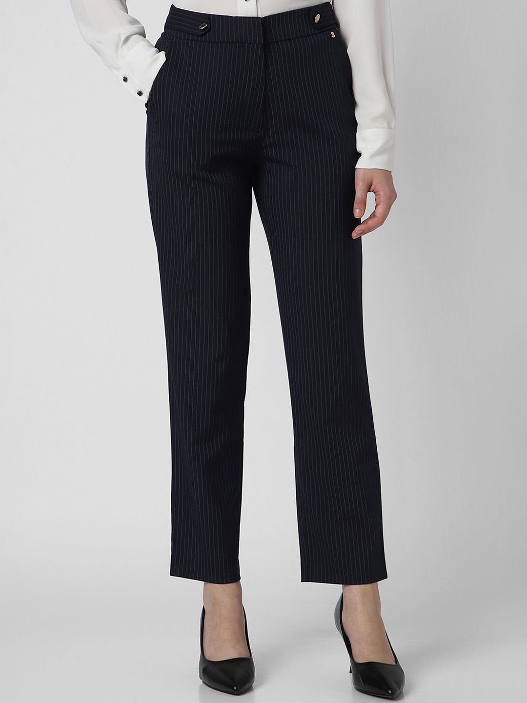 

Van Heusen Woman Striped Formal Trousers, Navy blue