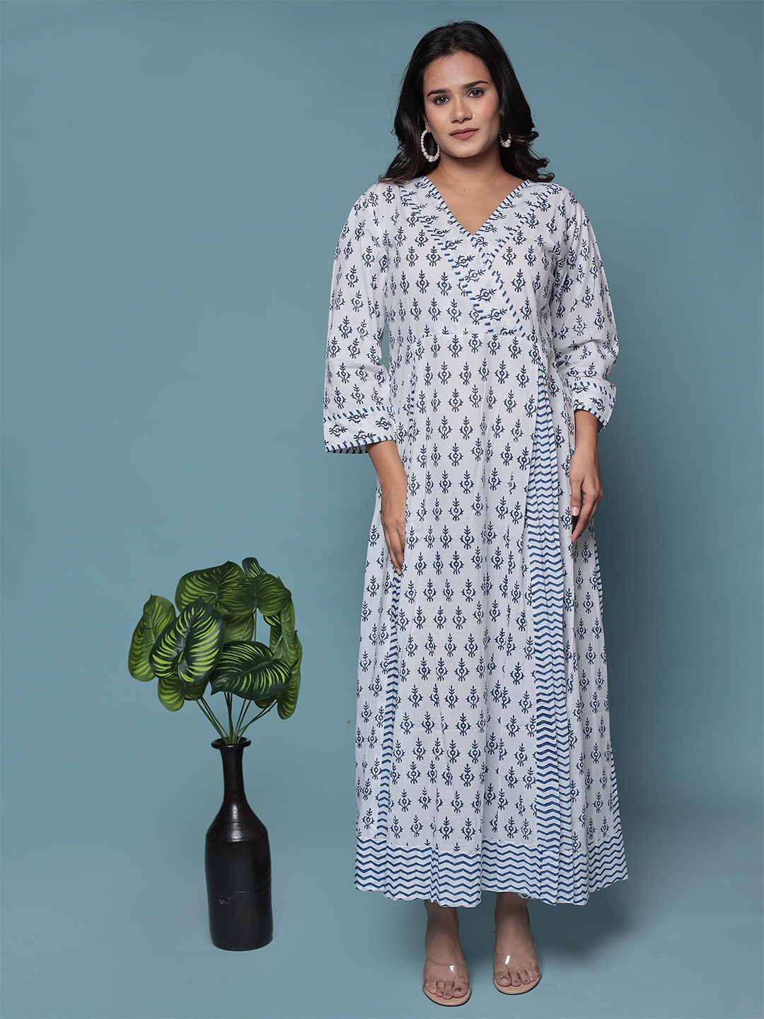 

Bohekant Women Hand Block Printed Maxi Dress, White