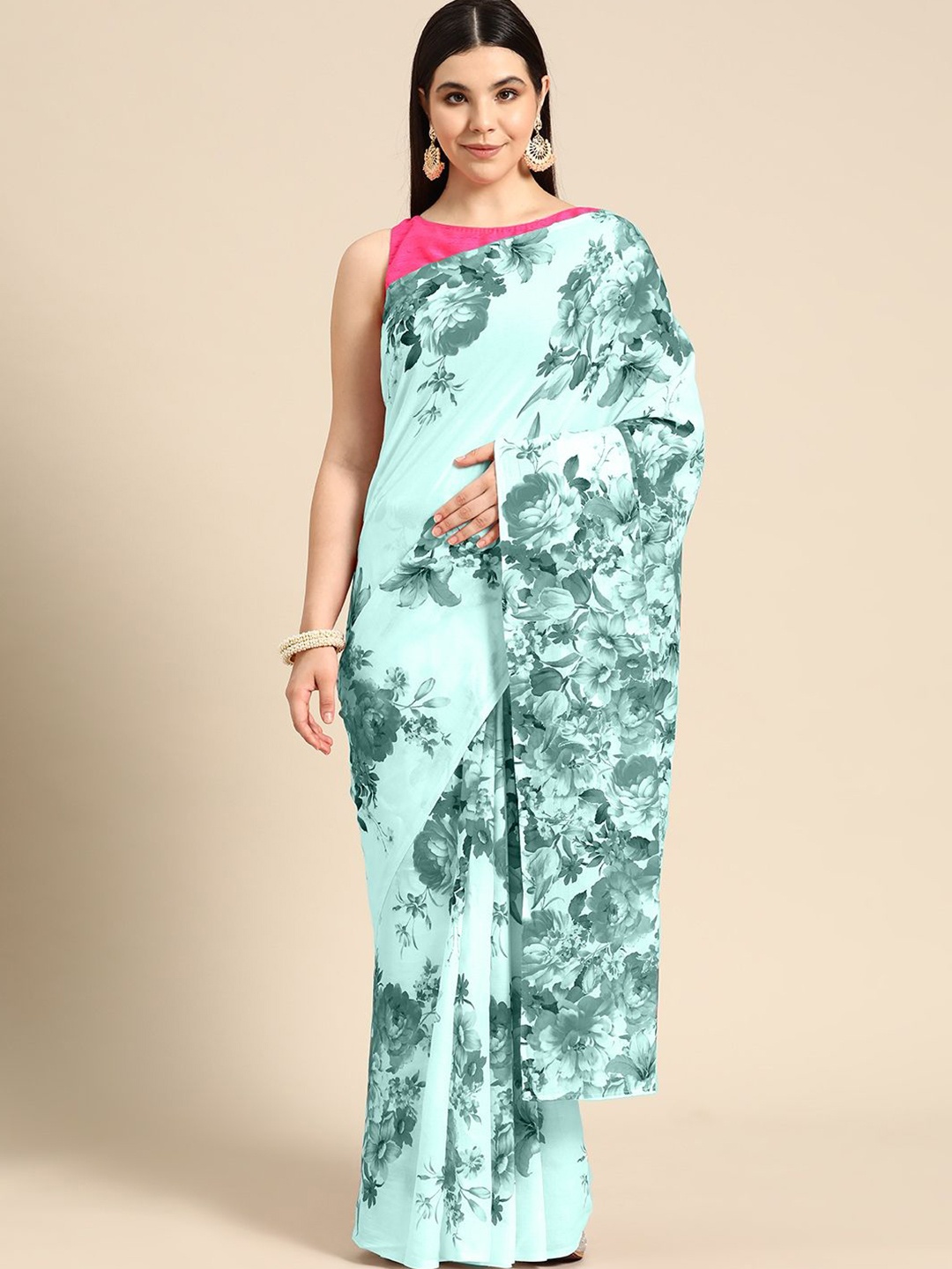 

BUTA BUTI Floral Printed Pure Cotton Saree, Sea green