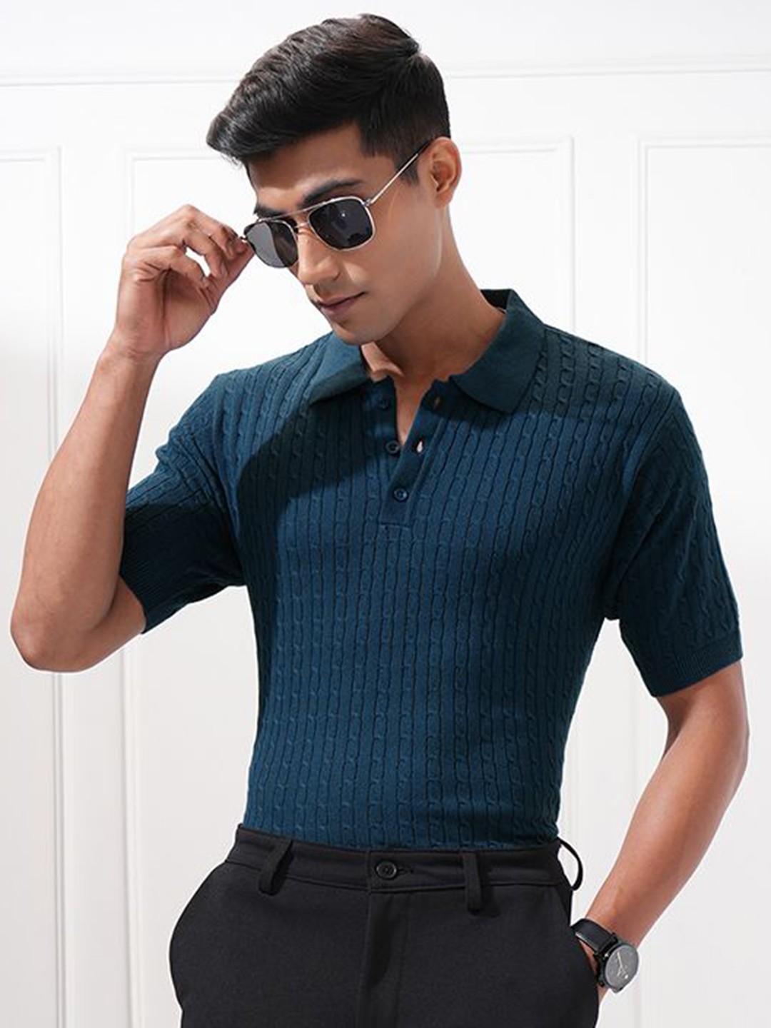 

HIGHLANDER Men Self Design Polo Collar Cotton Relaxed Fit T-shirt, Blue