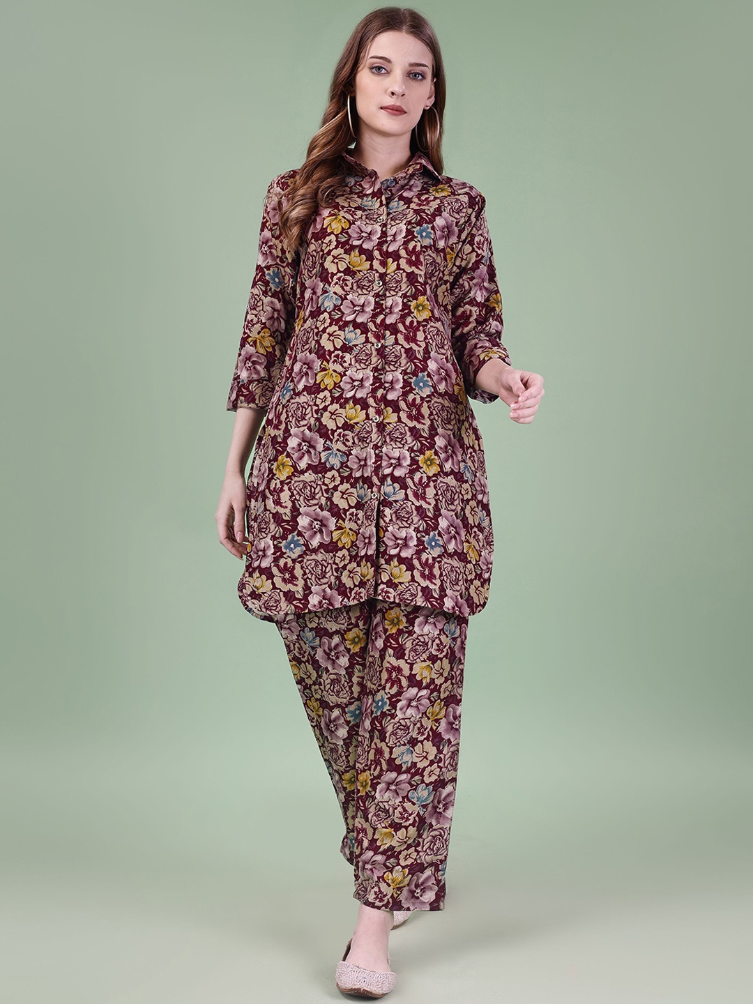

Rujave Floral Printed Tunic With Trousers, Burgundy