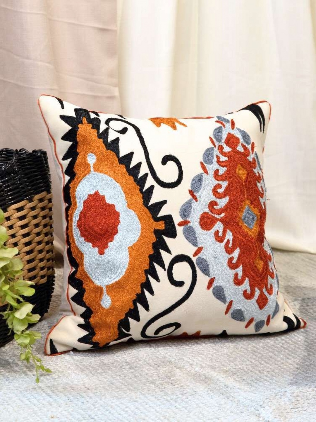 

ALCOVE Red & White Ethnic Motifs embroidered Velvet Square Cushion Cover