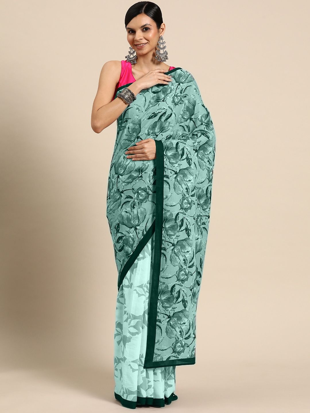 

BUTA BUTI Floral Pure Cotton Saree, Green