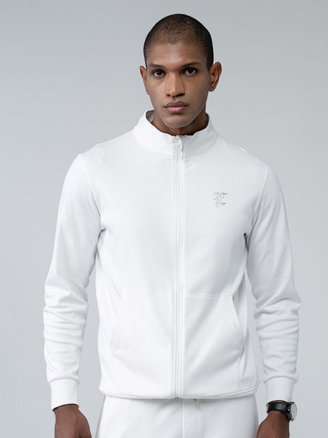 

EDRIO Men Solid High Neck Cotton Front-Open Sweatshirt, White
