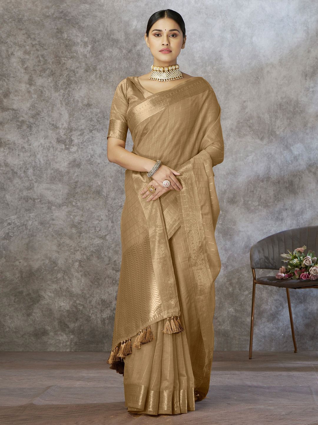 Anouk Woven Design Zari Banarasi Saree With Blouse Piece, Gold