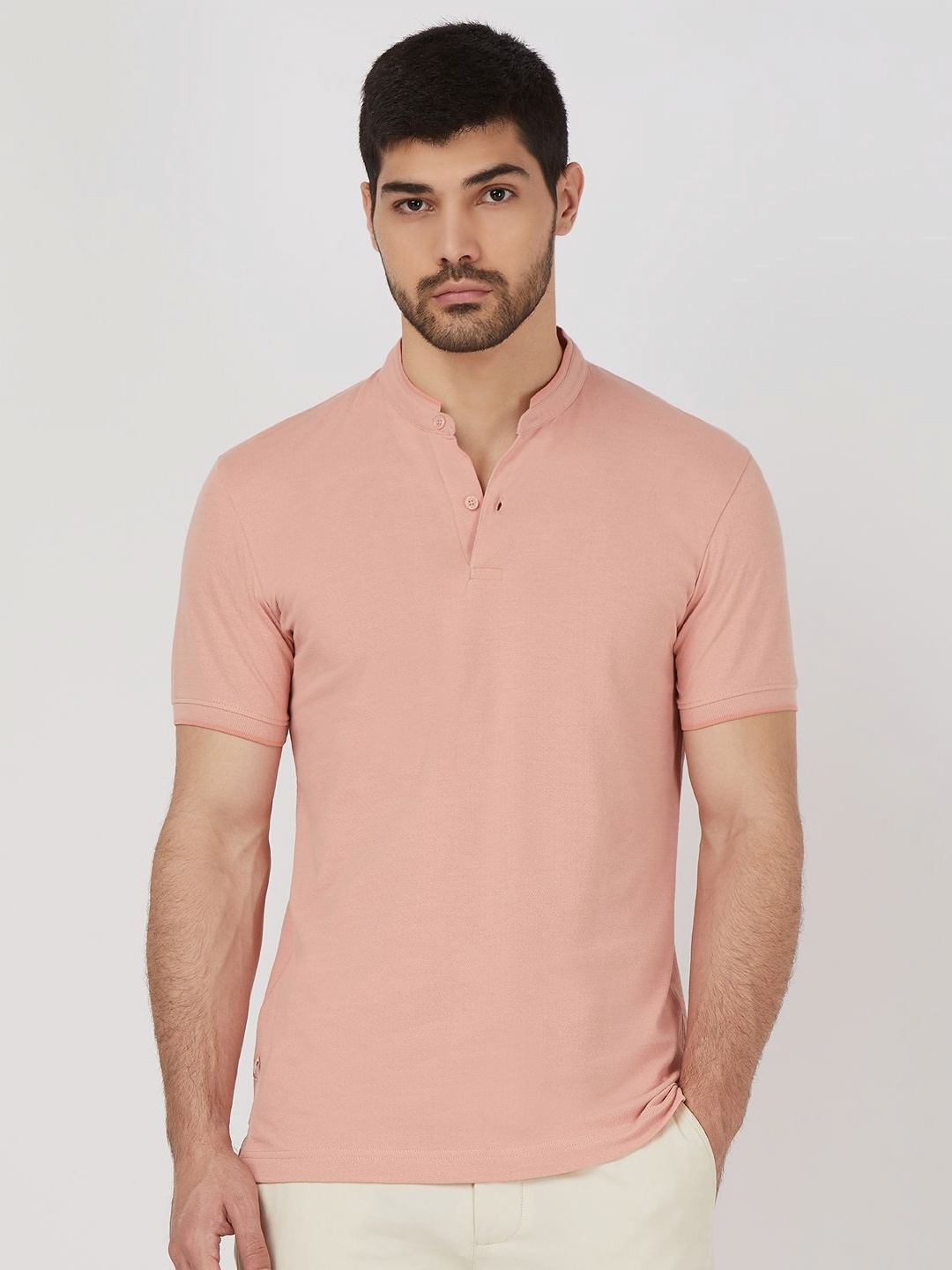 

Mufti Men Solid Henley Neck Cotton Slim Fit T-shirt, Pink