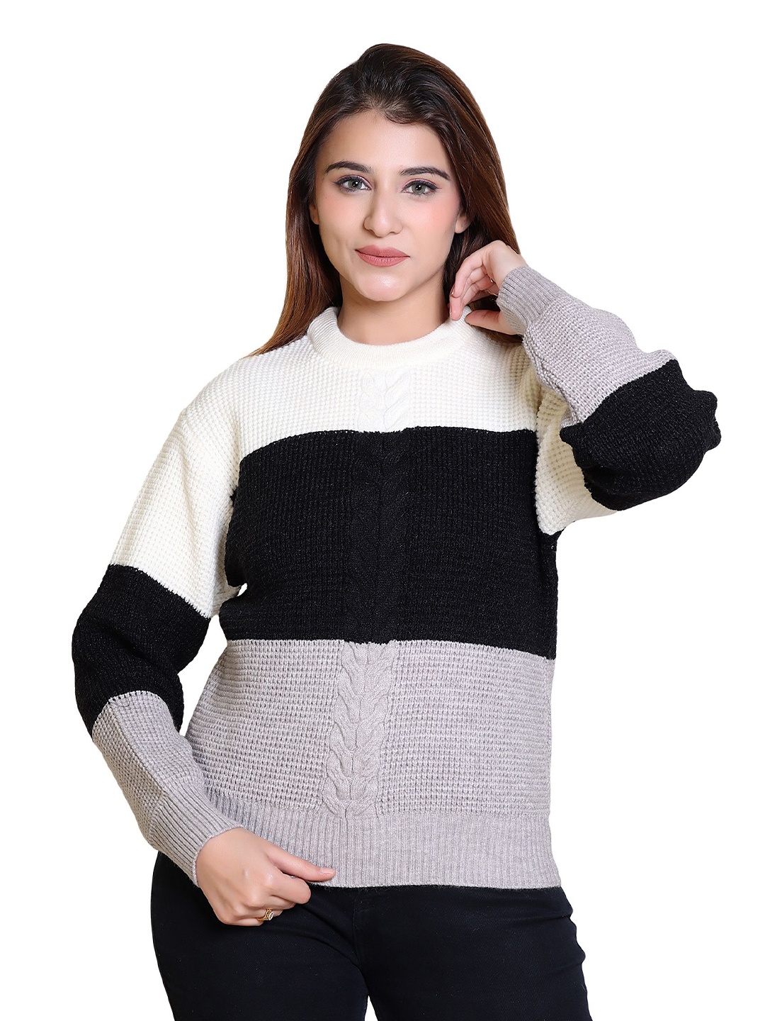 

LEZA Women Colourblocked Pullover, Grey
