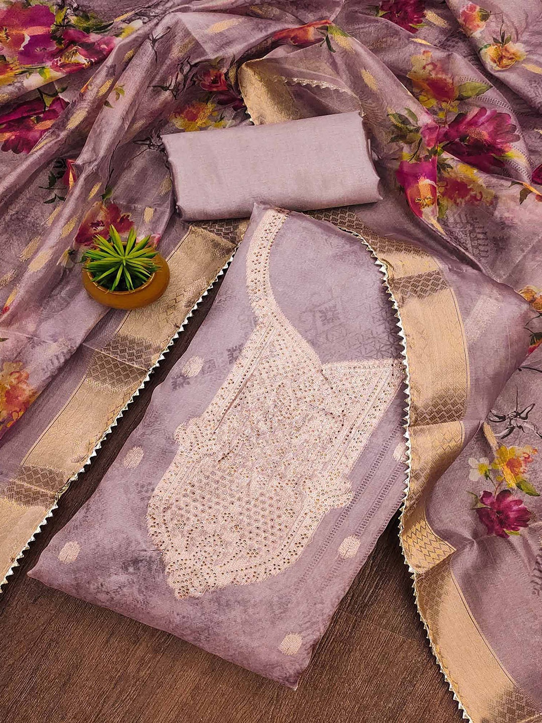 

Peachmode Organza Beads & Stones Unstitched Dress Material, Purple