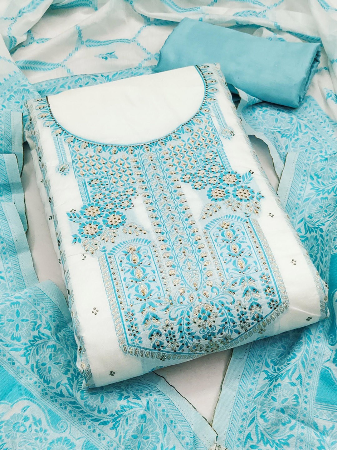 

KIMISHA Floral Woven Design Beads and Stones Pure Cotton Unstitched Dress Material, White