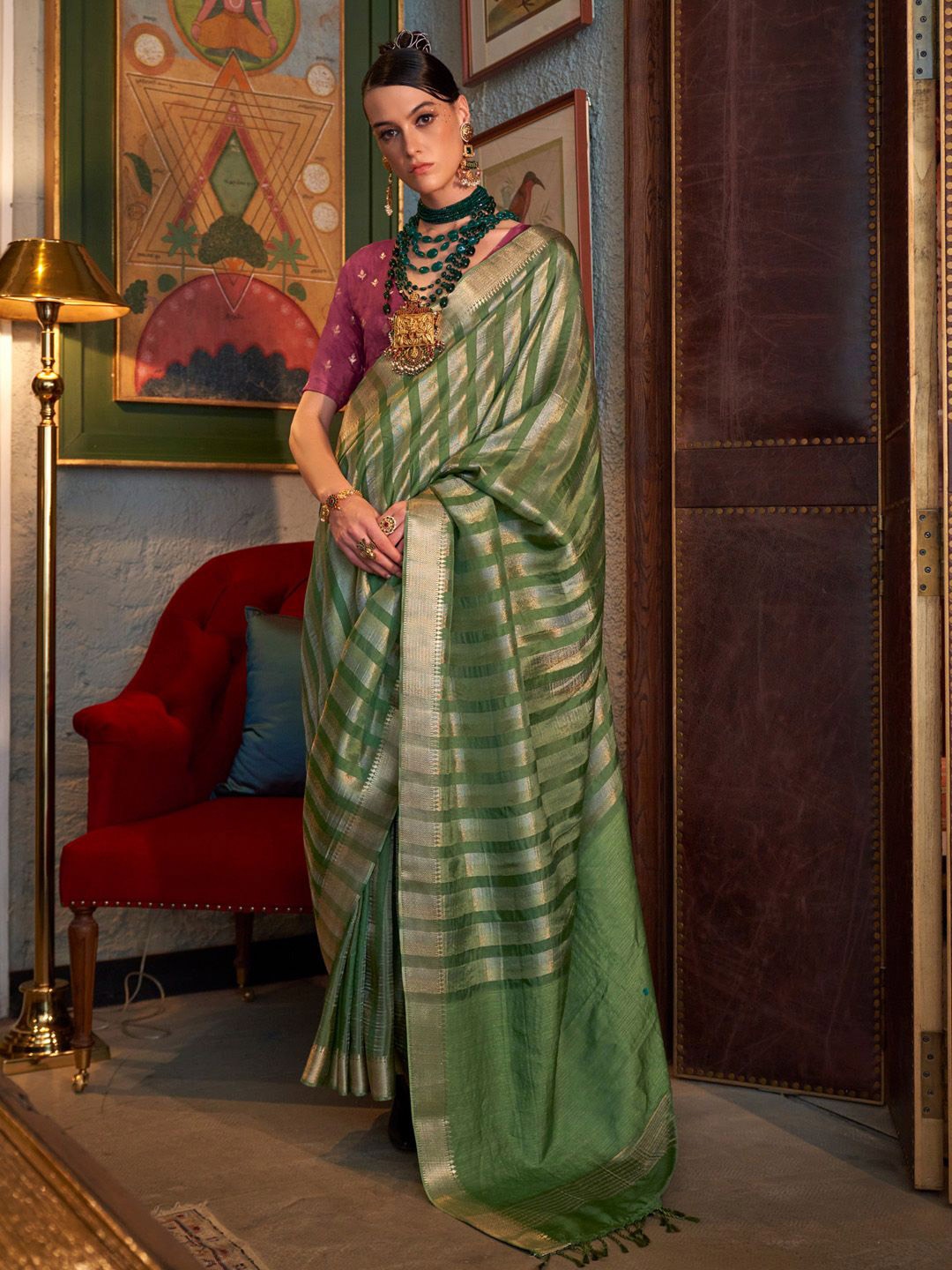

Mitera Striped Zari Banarasi Saree, Green