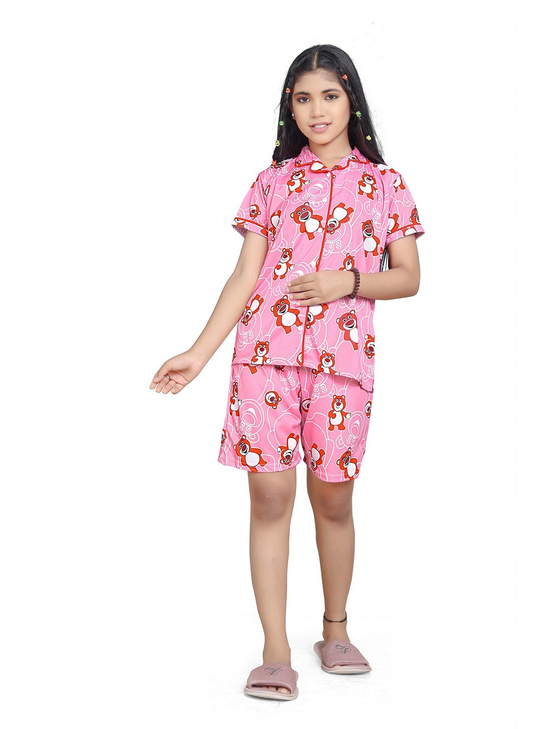 

BAESD Girls Graphic Printed Lapel Collar Shirt with Shorts, Pink