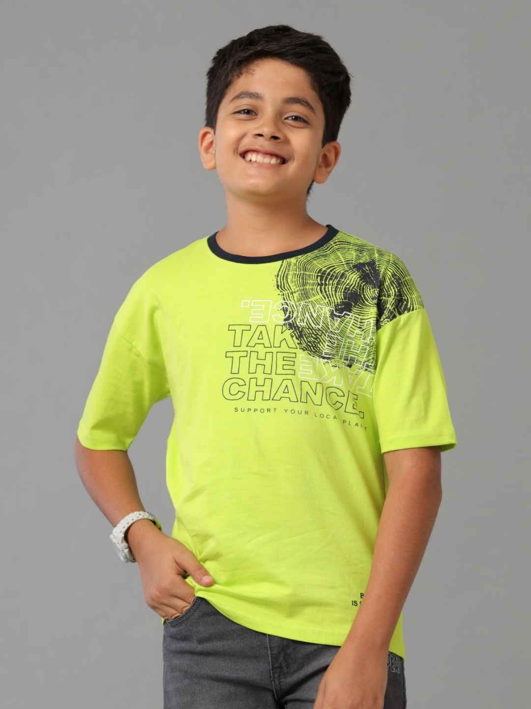 

UNDER FOURTEEN ONLY Boys Typography Printed Round Neck Cotton T-shirt, Lime green