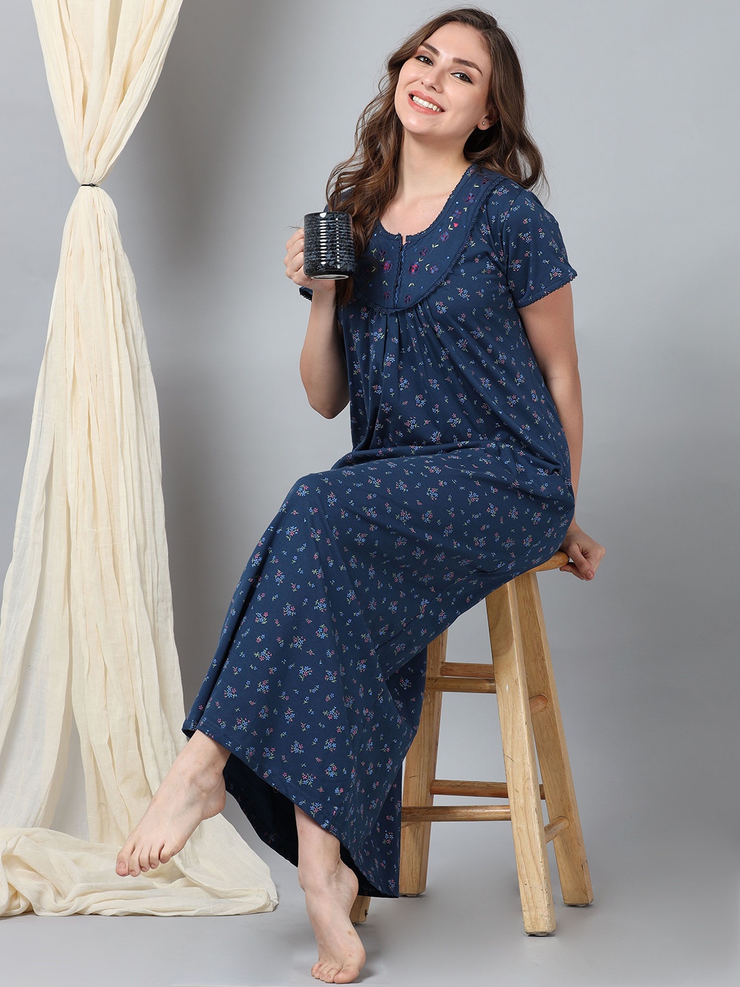 

9shines Label Women Floral Printed Maxi Nightdress, Blue