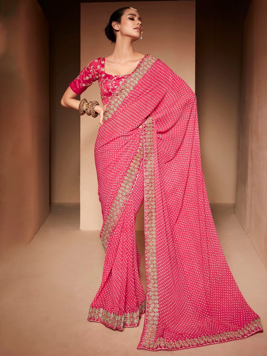 

CHUDIYA Bandhani Printed Embroidered Pure Georgette Saree, Pink