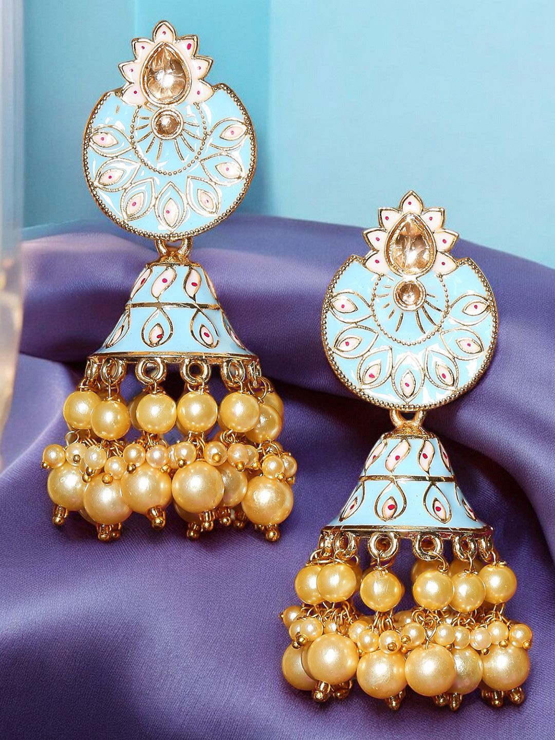 

OOMPH Meenakari Enamel Floral Dome Shaped Kundan Jhumkas, Gold