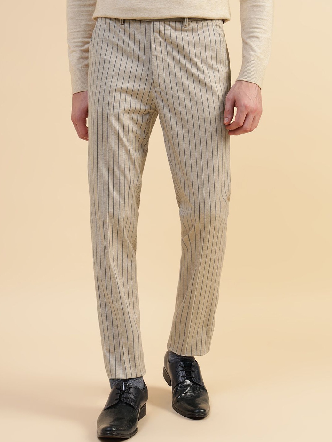 

Givo Men Striped Slim Fit Wrinkle Free Formal Trousers, Beige