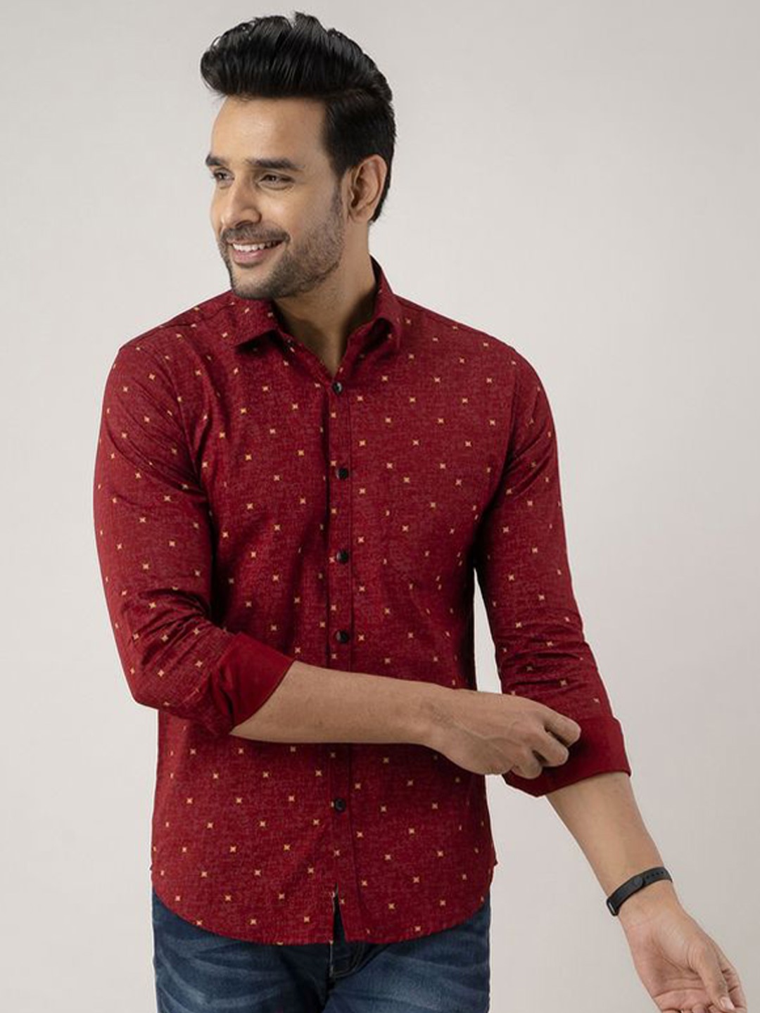 

Vcom Men Classic Spread Collar Micro Ditsy Printed Cotton Slim Fit Casual Shirt, Red