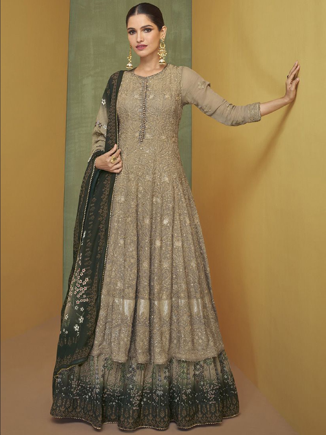 

ASISA Floral Embroidered Gotta Patti Georgette Semi-Stitched Dress Material, Beige
