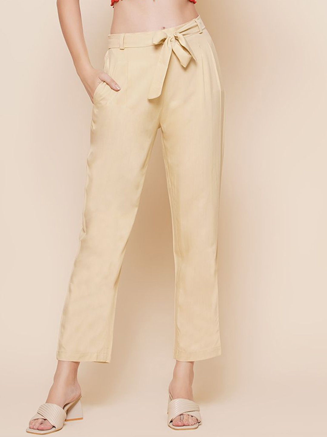 

KATLINE Women Relaxed High-Rise Trousers, Beige