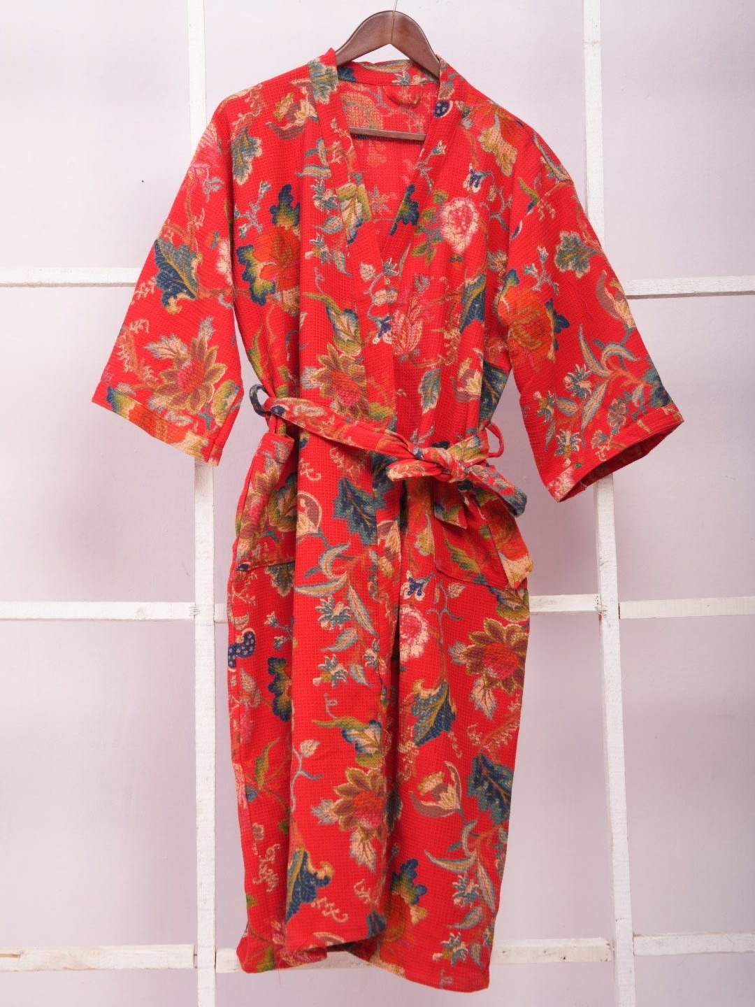 

HotGown Women Printed Pure Cotton Bath Robe, Red