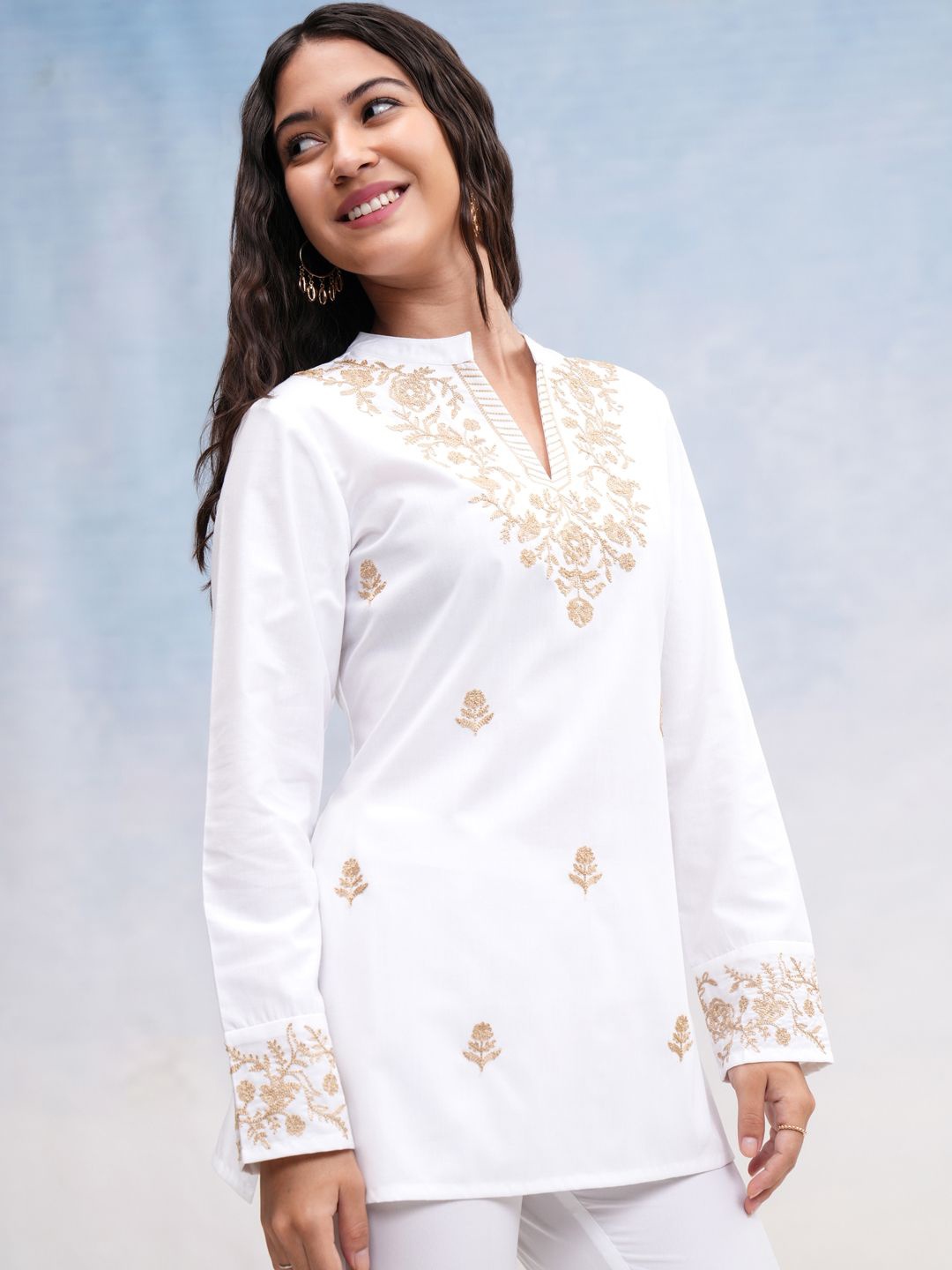 

Vishudh Women Embroidered Mandarin Collar Top, White