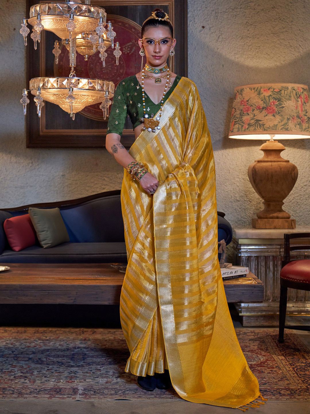 

Mitera Striped Zari Banarasi Saree, Yellow