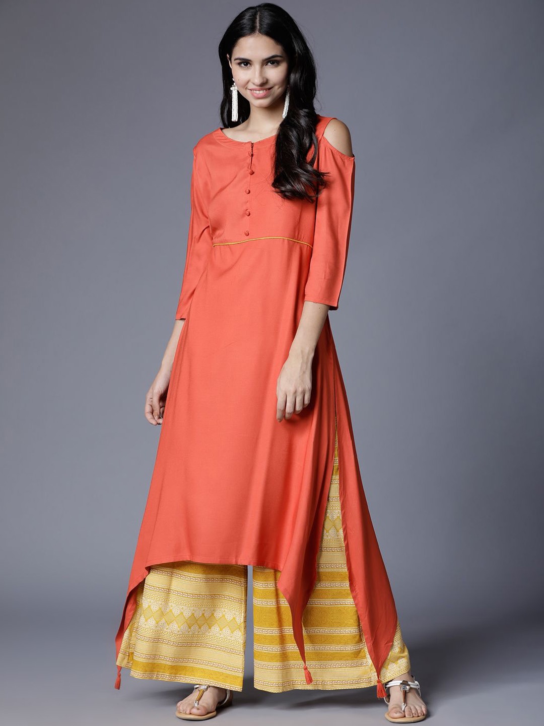 

Vishudh Cold-Shoulder Sleeves A-Line Kurta, Rust