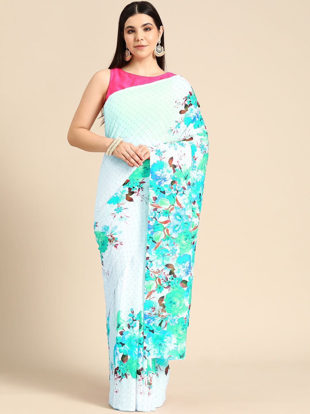 

BUTA BUTI Floral Printed Pure Cotton Saree, Sea green