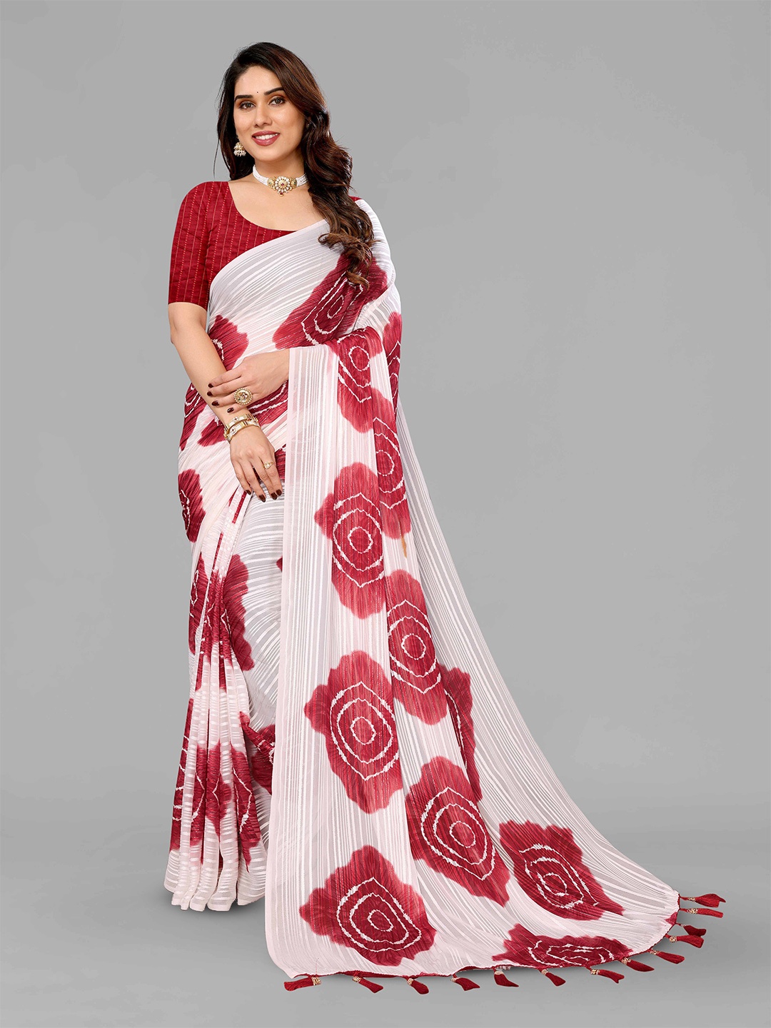 

saretramall Striped Bandhani Printed Saree, White