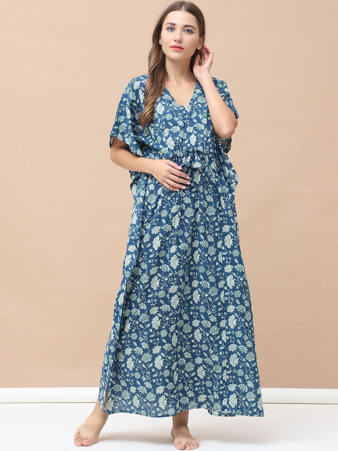 

Secret Wish Women Floral Printed Pure Cotton Maxi Nightdress, Blue