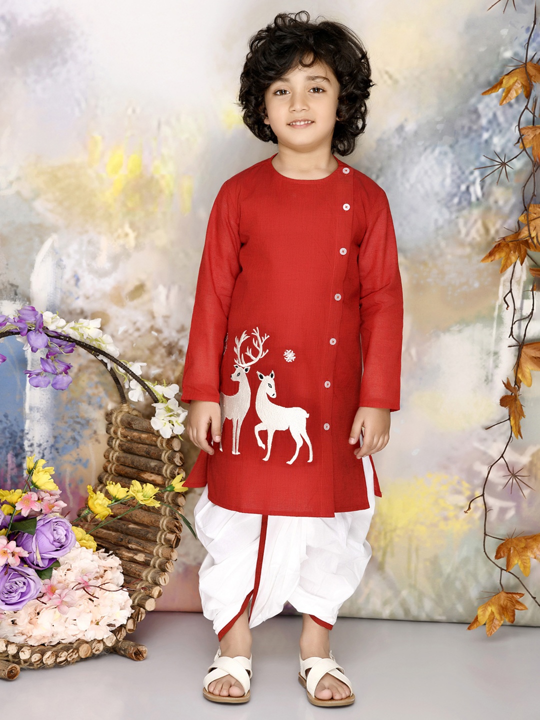 

MUDKID Embroidered Pure Cotton Kurta with Dhoti Pants, Maroon